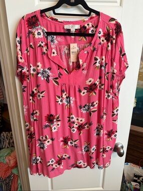 LOFT Hot Pink Floral Short Sleeve Tunic